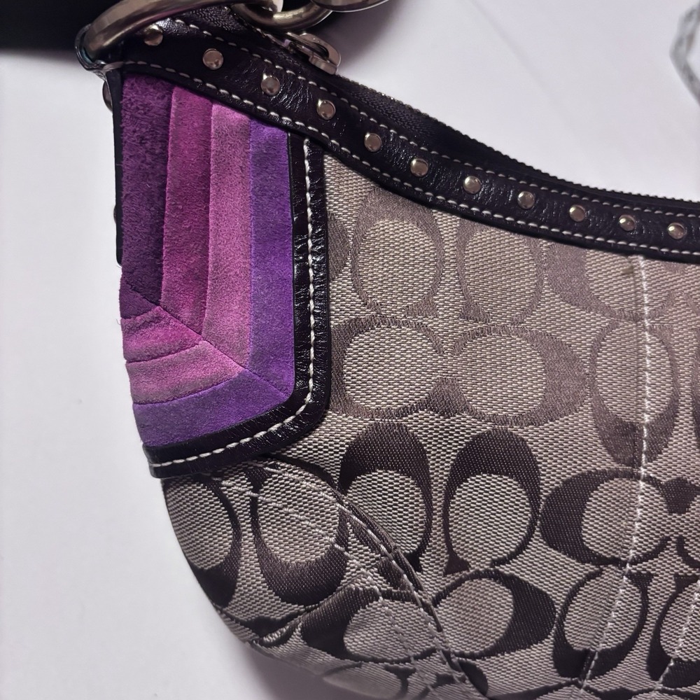 Vintage Coach Signature Jacquard Hobo Shoulder Bag Y2K Studded Brown Purple - Picture 4 of 10